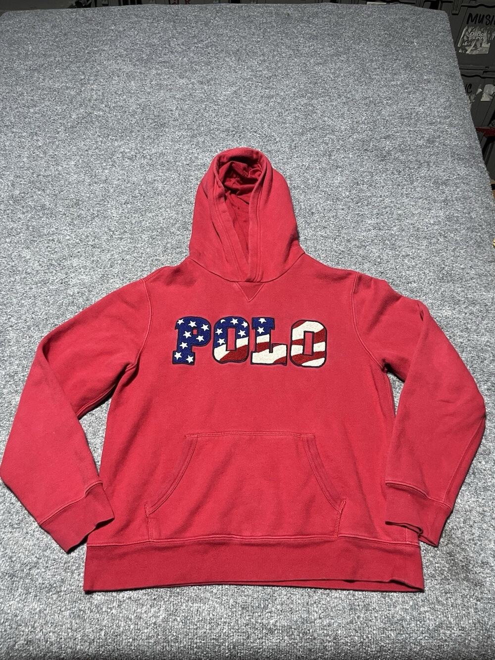 Polo Ralph Lauren Hoodie Boys Youth XL Red USA Flag Spellout Pullover Sweatshirt